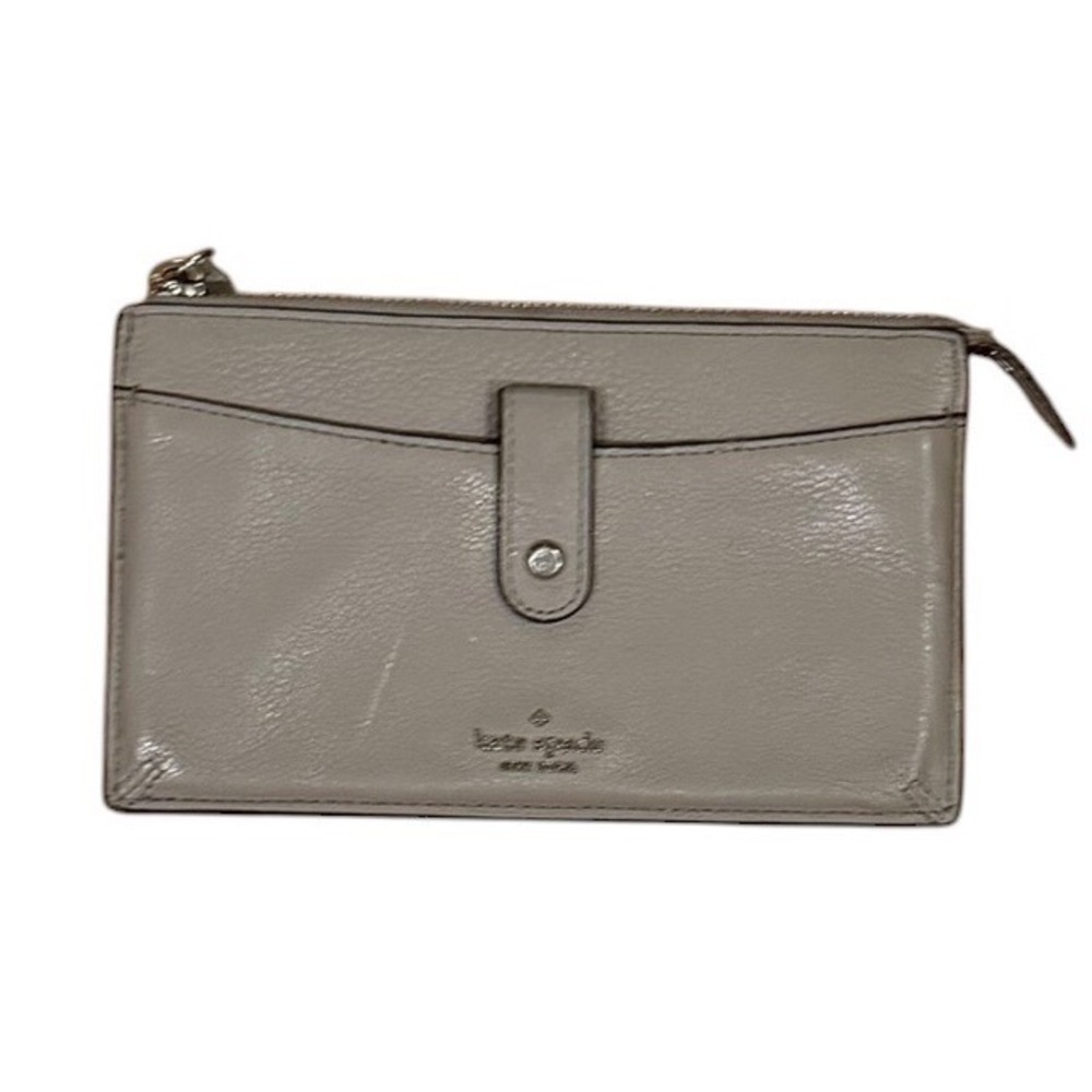 Kate Spade New York Pebbled Leather Zip Top Pouch Wallet Grey Silver‎ Hardware